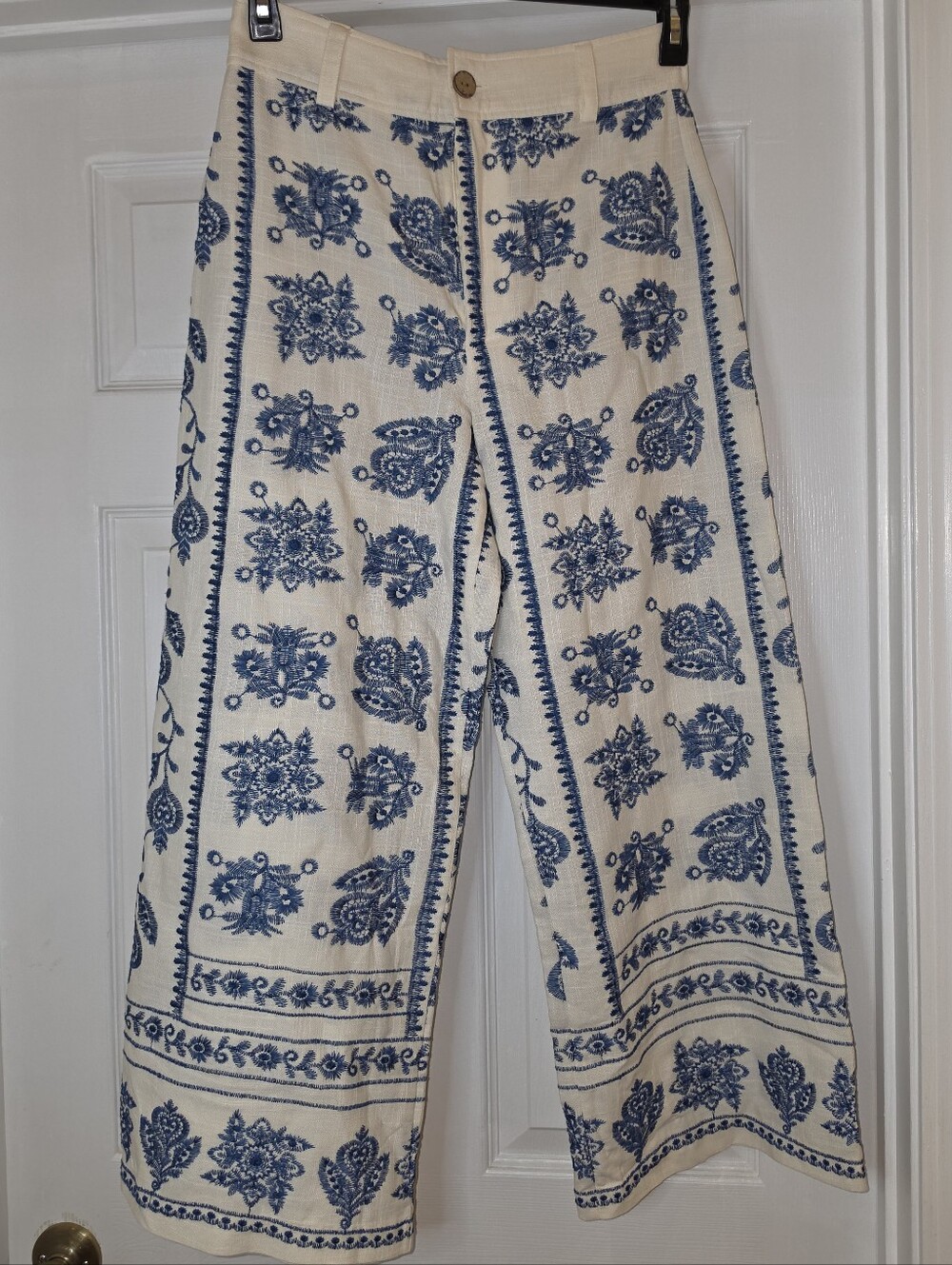 Joie Cream Wide-Leg Pants with Blue Floral Print